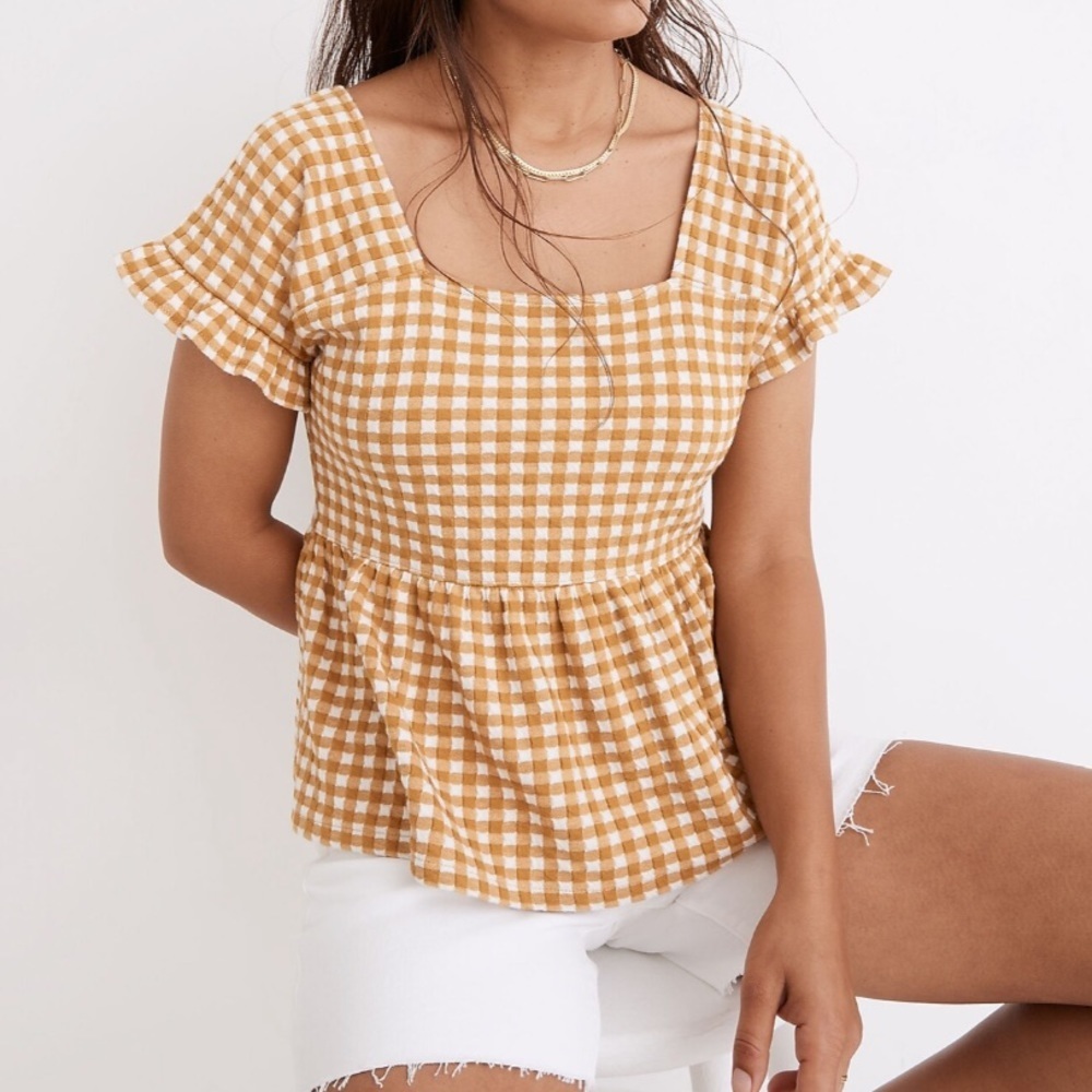 Madewell Gingham Knit Square-Neck Peplum Top Size M